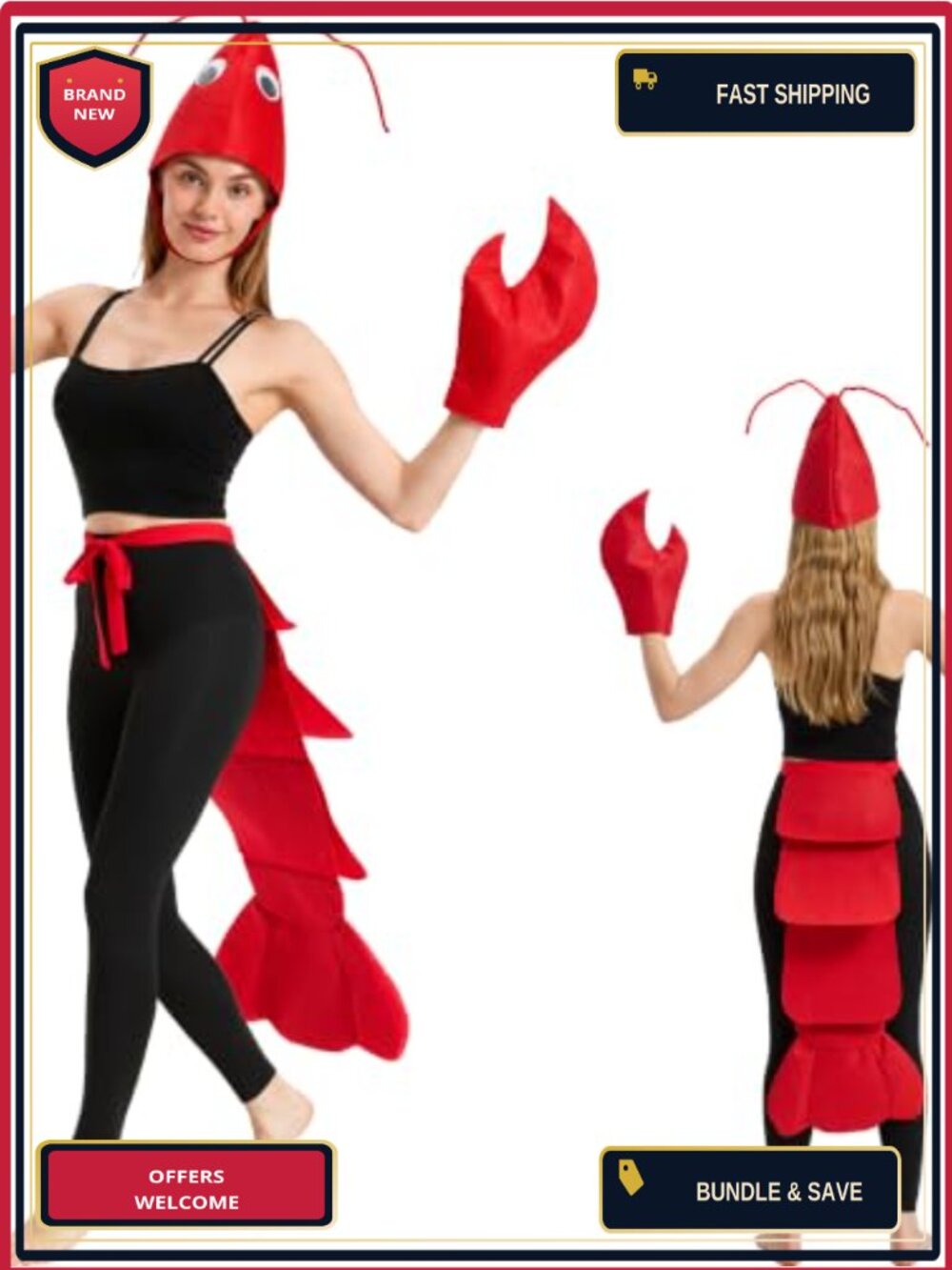 Lobster Costume Set Hat Claws Tail One Size Halloween Party